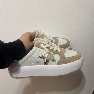 White and Tan Vintage Havana Platform Sneakers with Star Detail